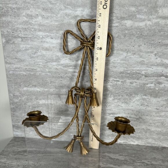 Homco MCM 2 HOME INTERIOR TWISTED ROPE SCONCE DOUBLE TAPER GOLD BOW DESIGN - Picture 8 of 16